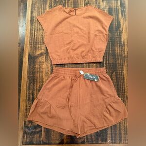 Rust Elastic-Waist Shorts with Drawstring and Pocket Details and Crop Top